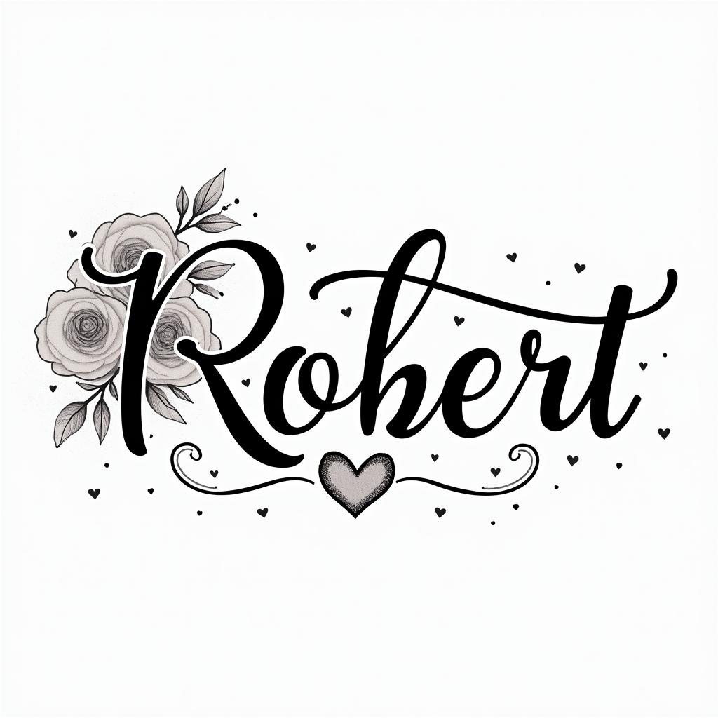 Robert written with the infinity symbolin elegant cursive calligraphy style 2d tattoo, decorate with roses, featuring a smooth and flowing handwritten script with slightly thickened strokes for a luxurious and bold appearance, heart symbol between names, sleek and glossy black text with shadowing, minimalist matte white background, clean and sharp edges, illuminated with soft lighting, romantic, 8k, high-quality textures with refined typography - Variation 12