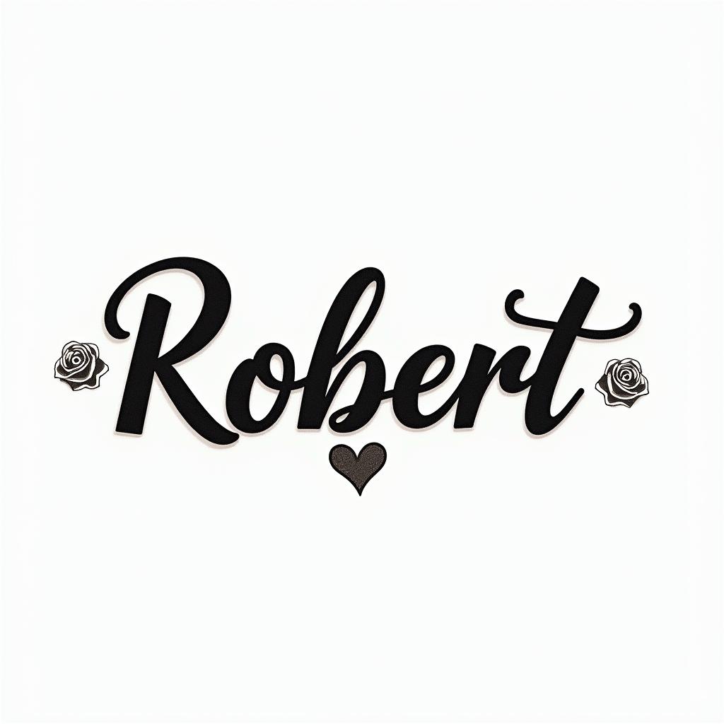 Robert written with the infinity symbolin elegant cursive calligraphy style 2d tattoo, decorate with roses, featuring a smooth and flowing handwritten script with slightly thickened strokes for a luxurious and bold appearance, heart symbol between names, sleek and glossy black text with shadowing, minimalist matte white background, clean and sharp edges, illuminated with soft lighting, romantic, 8k, high-quality textures with refined typography - Variation 9
