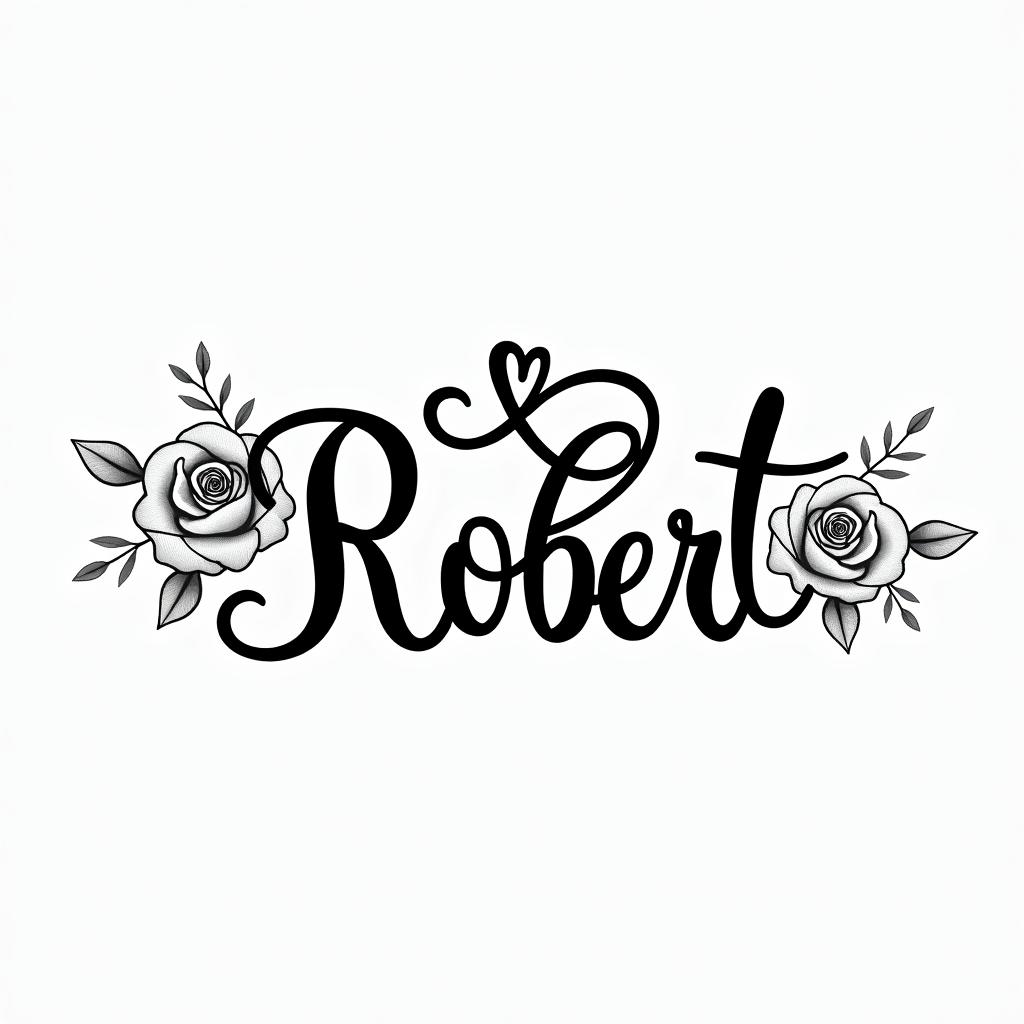 Robert written with the infinity symbolin elegant cursive calligraphy style 2d tattoo, decorate with roses, featuring a smooth and flowing handwritten script with slightly thickened strokes for a luxurious and bold appearance, heart symbol between names, sleek and glossy black text with shadowing, minimalist matte white background, clean and sharp edges, illuminated with soft lighting, romantic, 8k, high-quality textures with refined typography - Variation 10