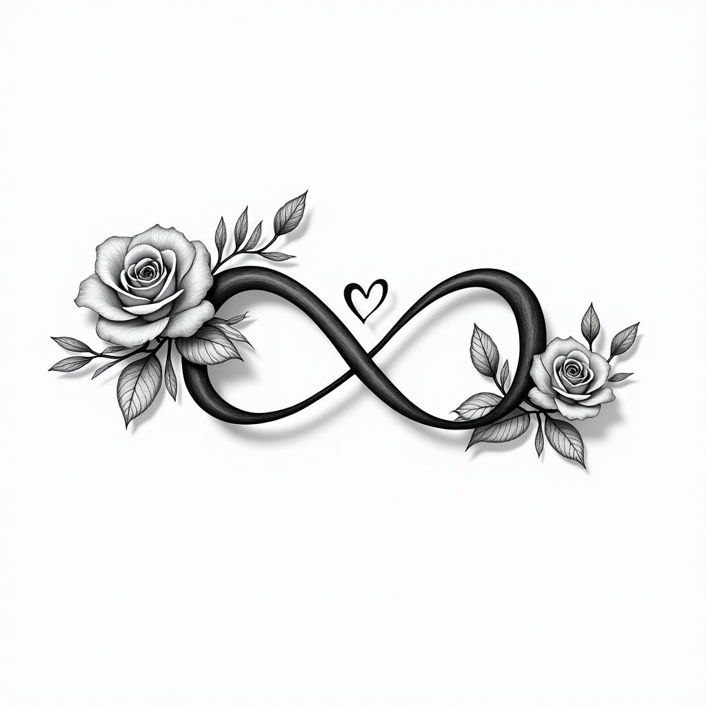 Robert written with the infinity symbolin elegant cursive calligraphy style 2d tattoo, decorate with roses, featuring a smooth and flowing handwritten script with slightly thickened strokes for a luxurious and bold appearance, heart symbol between names, sleek and glossy black text with shadowing, minimalist matte white background, clean and sharp edges, illuminated with soft lighting, romantic, 8k, high-quality textures with refined typography - Variation 7