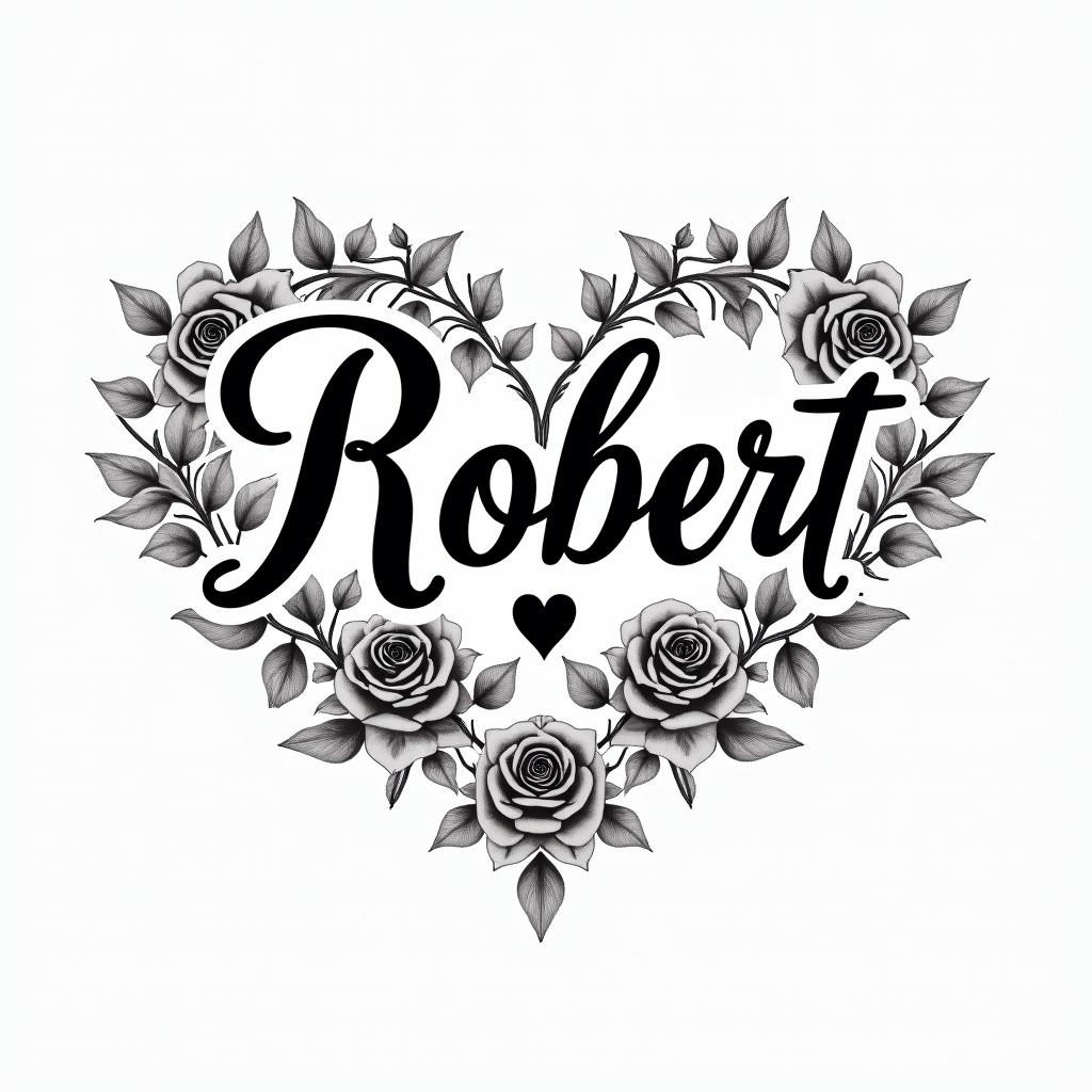 Robert written with the infinity symbolin elegant cursive calligraphy style 2d tattoo, decorate with roses, featuring a smooth and flowing handwritten script with slightly thickened strokes for a luxurious and bold appearance, heart symbol between names, sleek and glossy black text with shadowing, minimalist matte white background, clean and sharp edges, illuminated with soft lighting, romantic, 8k, high-quality textures with refined typography - Variation 8