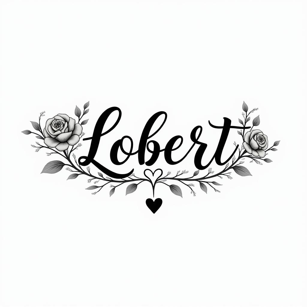 Robert written with the infinity symbolin elegant cursive calligraphy style 2d tattoo, decorate with roses, featuring a smooth and flowing handwritten script with slightly thickened strokes for a luxurious and bold appearance, heart symbol between names, sleek and glossy black text with shadowing, minimalist matte white background, clean and sharp edges, illuminated with soft lighting, romantic, 8k, high-quality textures with refined typography - Variation 6