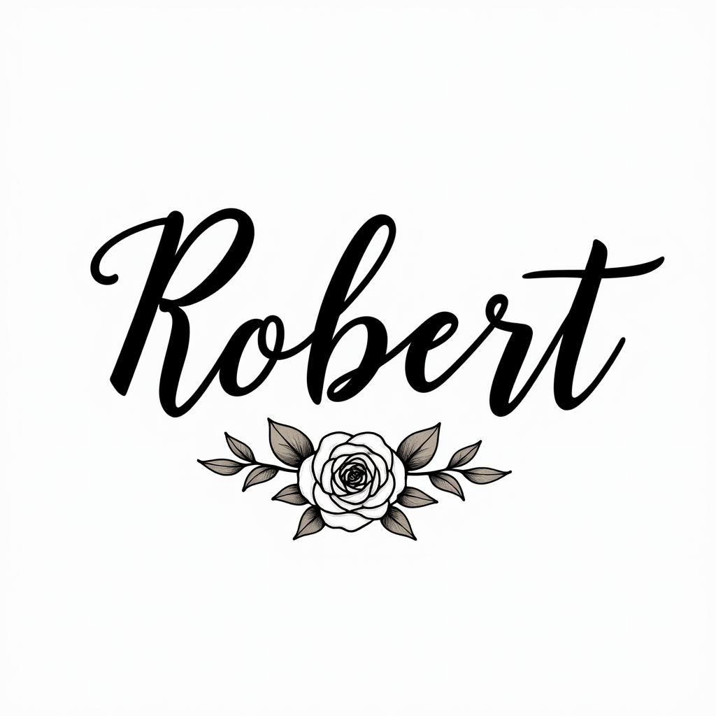 Robert written with the infinity symbolin elegant cursive calligraphy style 2d tattoo, decorate with roses, featuring a smooth and flowing handwritten script with slightly thickened strokes for a luxurious and bold appearance, heart symbol between names, sleek and glossy black text with shadowing, minimalist matte white background, clean and sharp edges, illuminated with soft lighting, romantic, 8k, high-quality textures with refined typography - Variation 5