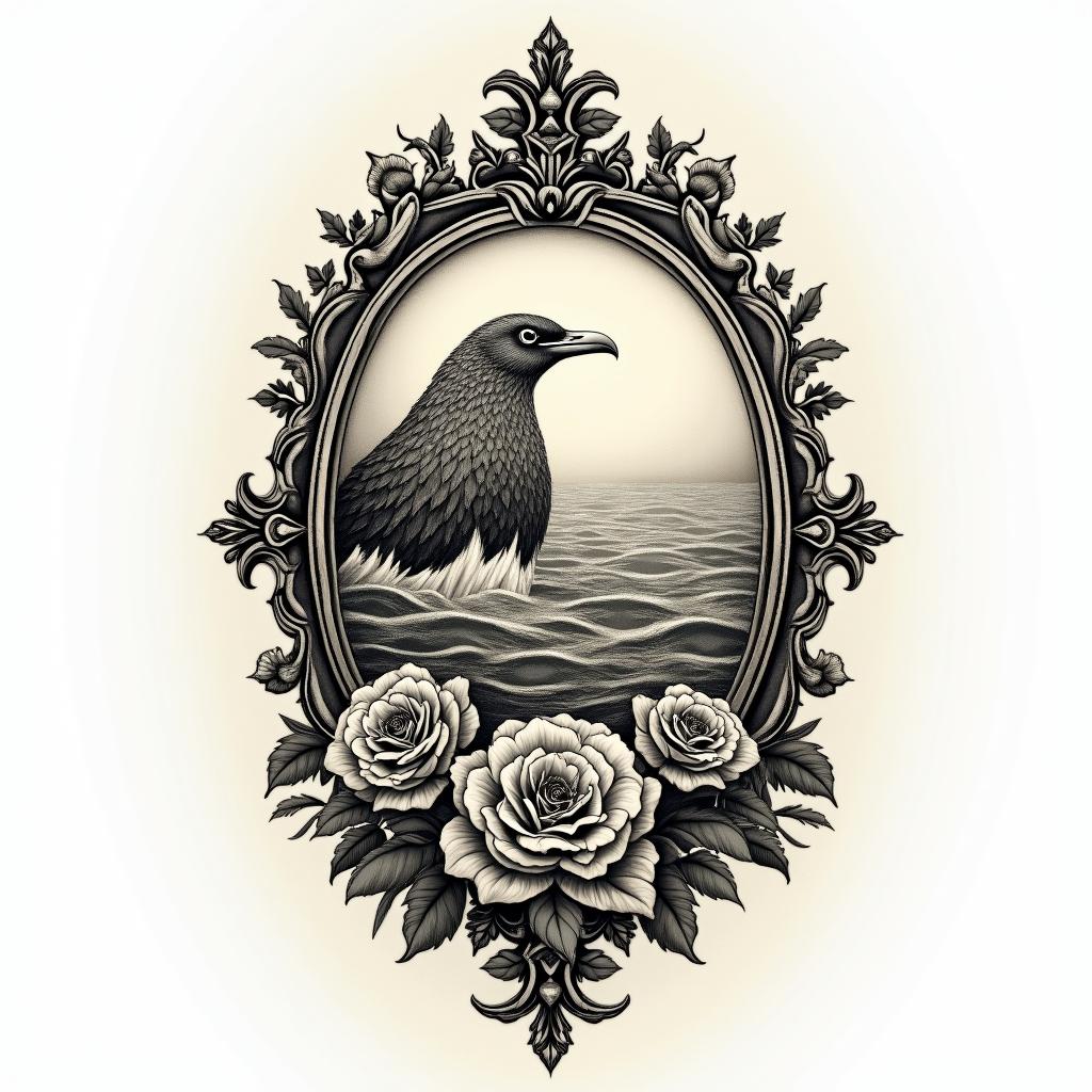 Something with love for the sea but also love for the darkness.in victorian style tattoo, featuring vintage and elegant elements, ornate frames, roses, antique, sepia-toned color scheme - Variation 2