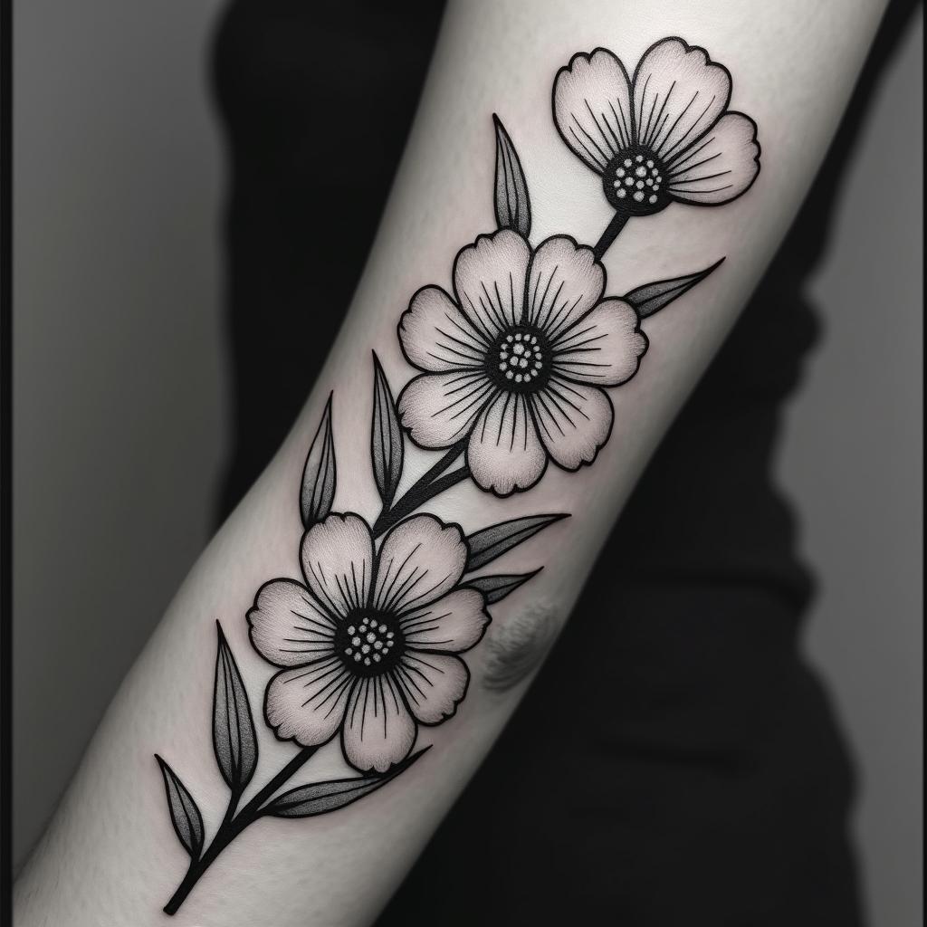 Mongolia flowers. Black and white shaded. Entire forearm.in authentic tattoo style, incorporating traditional modifications, bold black outlines, solid color fills, featuring classic authentic elements - Variation 4