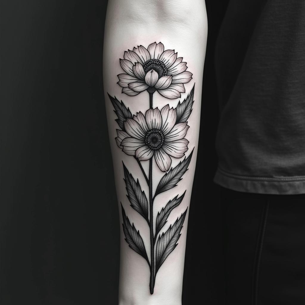 Mongolia flowers. Black and white shaded. Entire forearm.in authentic tattoo style, incorporating traditional modifications, bold black outlines, solid color fills, featuring classic authentic elements - Variation 3