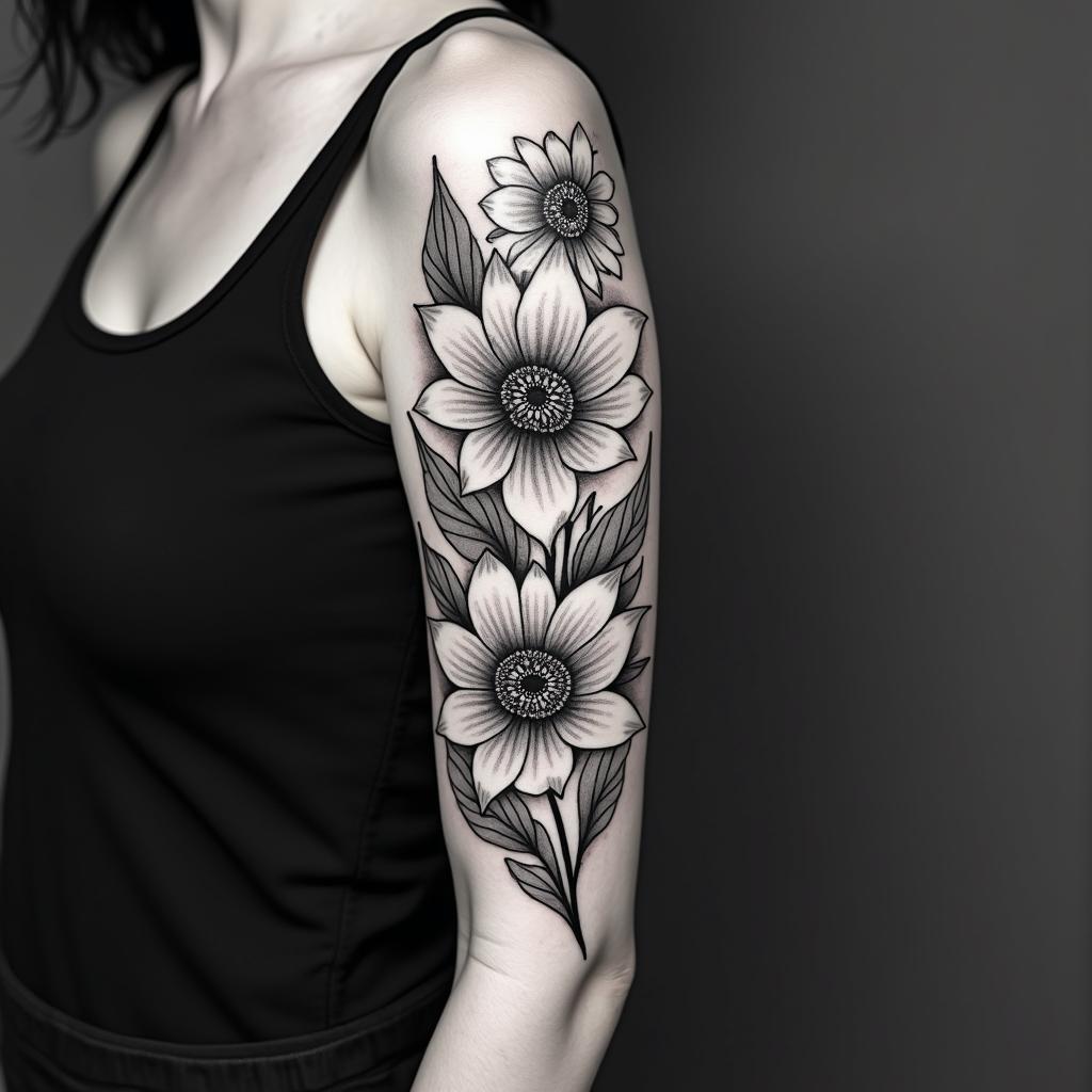 Mongolia flowers. Black and white shaded. Entire forearm.in authentic tattoo style, incorporating traditional modifications, bold black outlines, solid color fills, featuring classic authentic elements - Variation 2