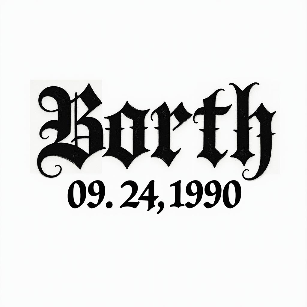 Date of birth( 09-24-1990text-based tattoo, gothic font ultra-realistic, perfectly placed, high-quality font design, photo-realistic shading, 8k, high quality, finely detailed typography