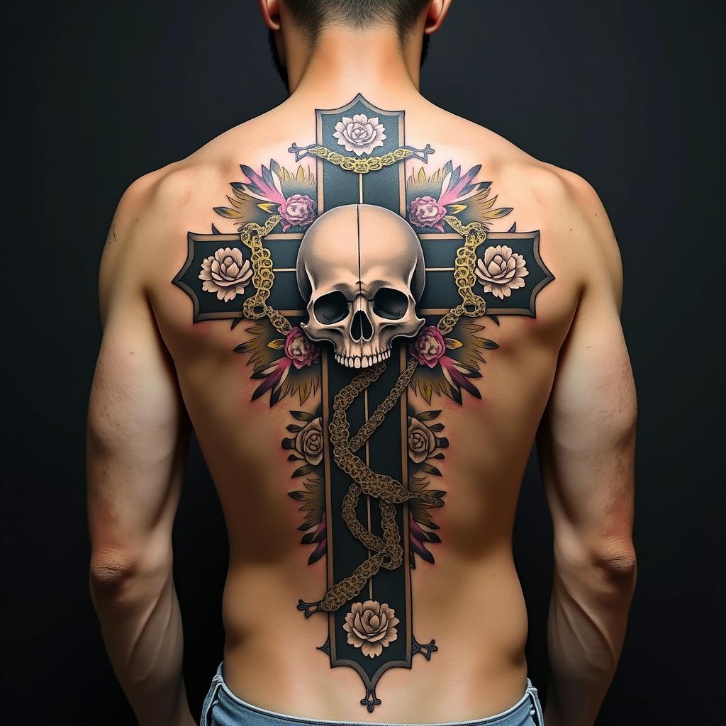 Skull on a cross with golden chains and banners on the right and left.in chicano style tattoo, featuring intricate black and grey shading, bold elements of traditional chicano culture symbols, add a big cross with skull, chains and roses - Variation 3