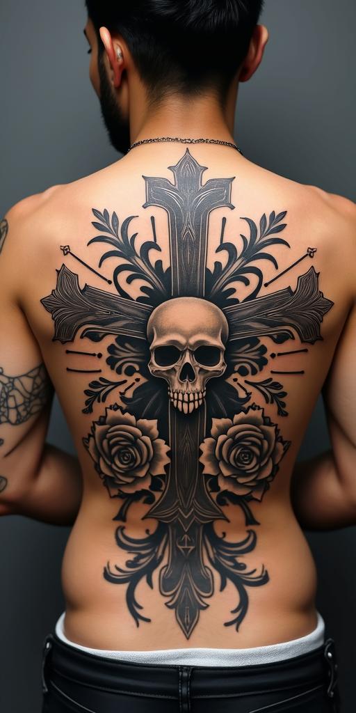 Floresin chicano style tattoo, featuring intricate black and grey shading, bold elements of traditional chicano culture symbols, add a big cross with skull, chains and roses