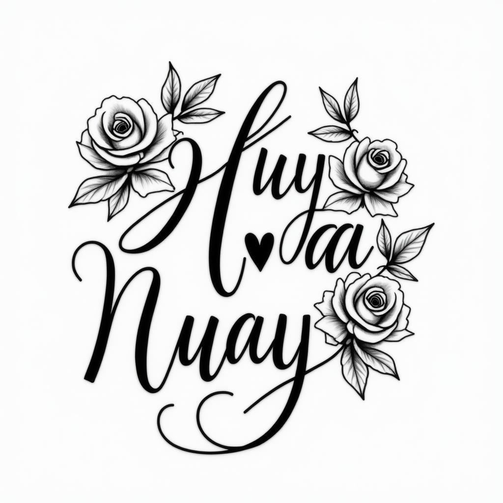 Thuy Nga Nguyen just the name in a style for a manin elegant cursive calligraphy style 2d tattoo, decorate with roses, featuring a smooth and flowing handwritten script with slightly thickened strokes for a luxurious and bold appearance,  heart symbol between names,  sleek and glossy black text with shadowing, minimalist matte white background, clean and sharp edges, illuminated with soft lighting, romantic, 8k, high-quality textures with refined typography - Variation 4