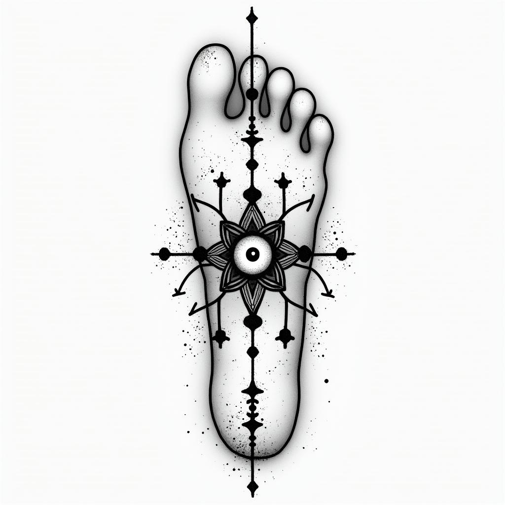 Footprints in the sandin spiritual symbols tattoo style, featuring an intricate design incorporating elements, Hamsa hand, third eye, minimalist composition - Variation 3