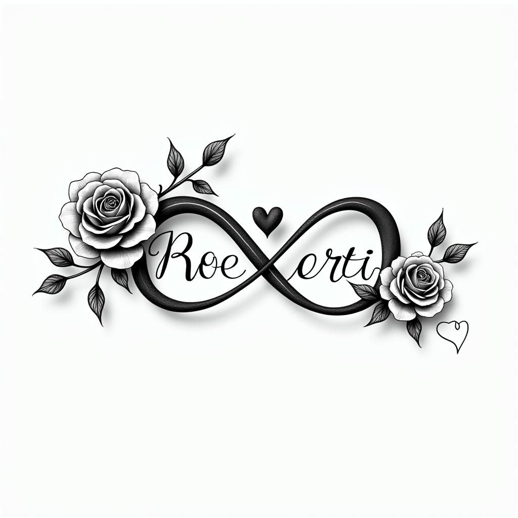 Robert written with the infinity symbolin elegant cursive calligraphy style 2d tattoo, decorate with roses, featuring a smooth and flowing handwritten script with slightly thickened strokes for a luxurious and bold appearance, heart symbol between names, sleek and glossy black text with shadowing, minimalist matte white background, clean and sharp edges, illuminated with soft lighting, romantic, 8k, high-quality textures with refined typography - Variation 3
