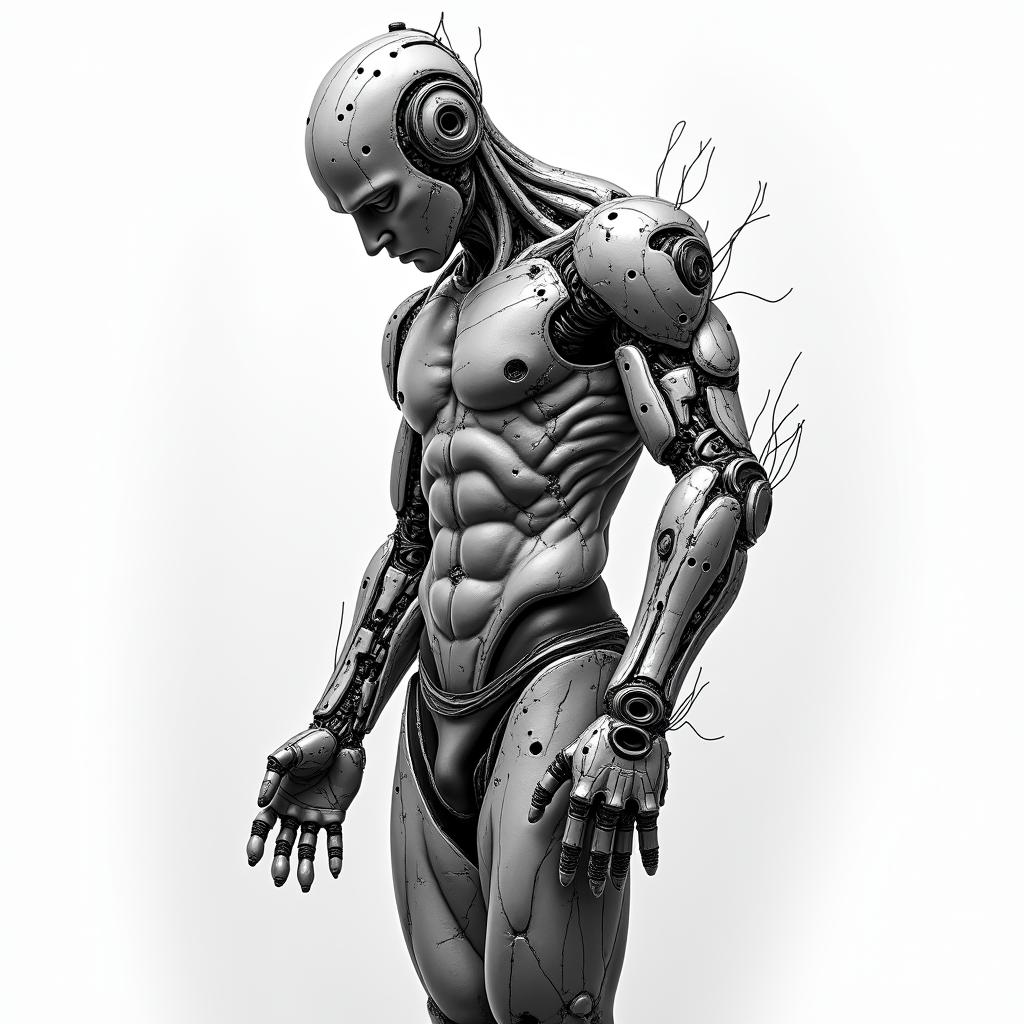 ArcAngel michael halfnaked jacked he is tired of fighttattoo in biomechanic style, the tattoo covered by robotic elements of futuristic cyberpunk design, robotic features detail, showcasing intricate mechanical components