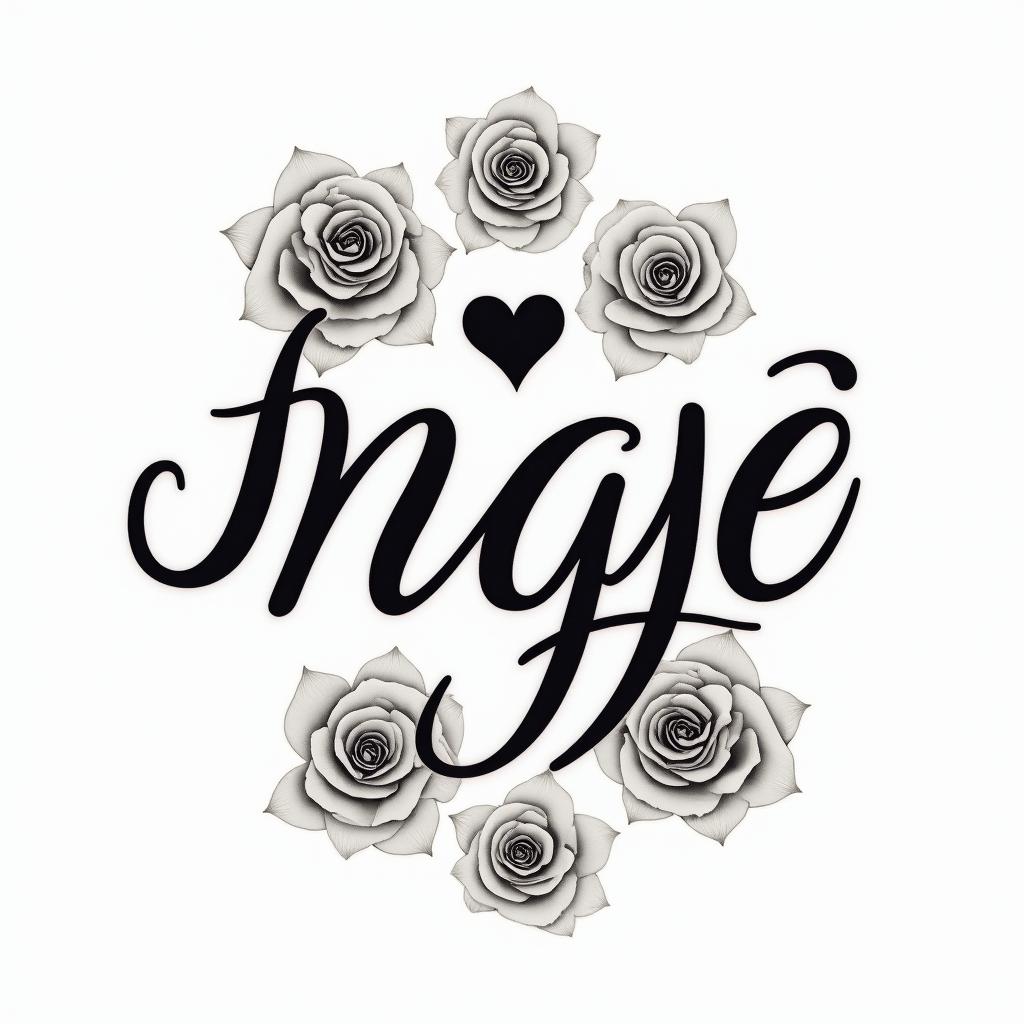 Thuy Nga Nguyen just the name for a men's tattooin elegant cursive calligraphy style 2d tattoo, decorate with roses, featuring a smooth and flowing handwritten script with slightly thickened strokes for a luxurious and bold appearance,  heart symbol between names,  sleek and glossy black text with shadowing, minimalist matte white background, clean and sharp edges, illuminated with soft lighting, romantic, 8k, high-quality textures with refined typography - Variation 3