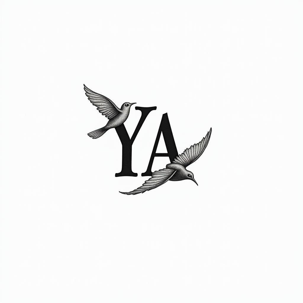 A small tattoo design featuring the initials "Y" and "A" for Yanis, accompanied by a graceful bird in flight, symbolizing love and freedom, with delicate lines and a minimalist style.higly detailed tattoo - Variation 4
