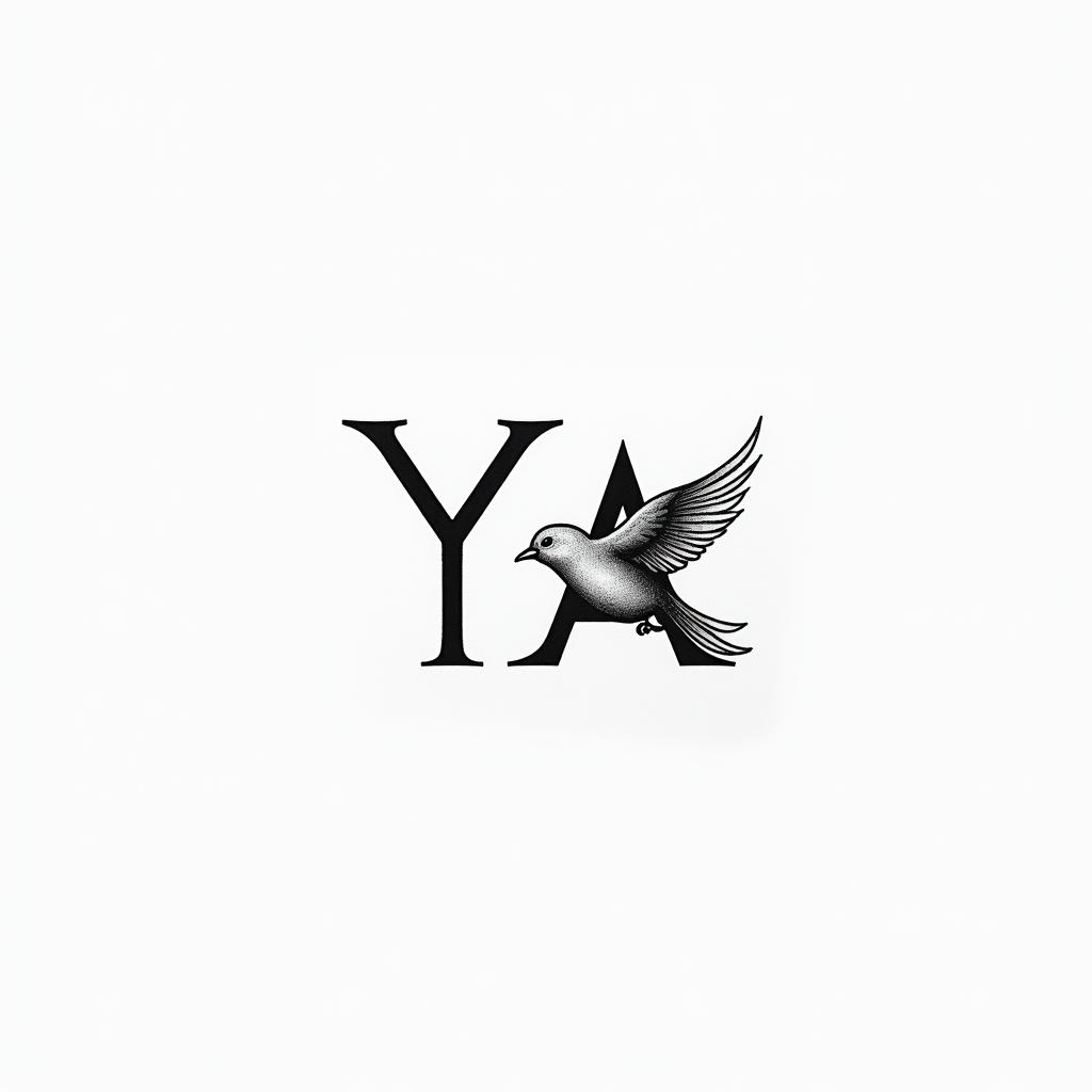 A small tattoo design featuring the initials "Y" and "A" for Yanis, accompanied by a graceful bird in flight, symbolizing love and freedom, with delicate lines and a minimalist style.higly detailed tattoo - Variation 2