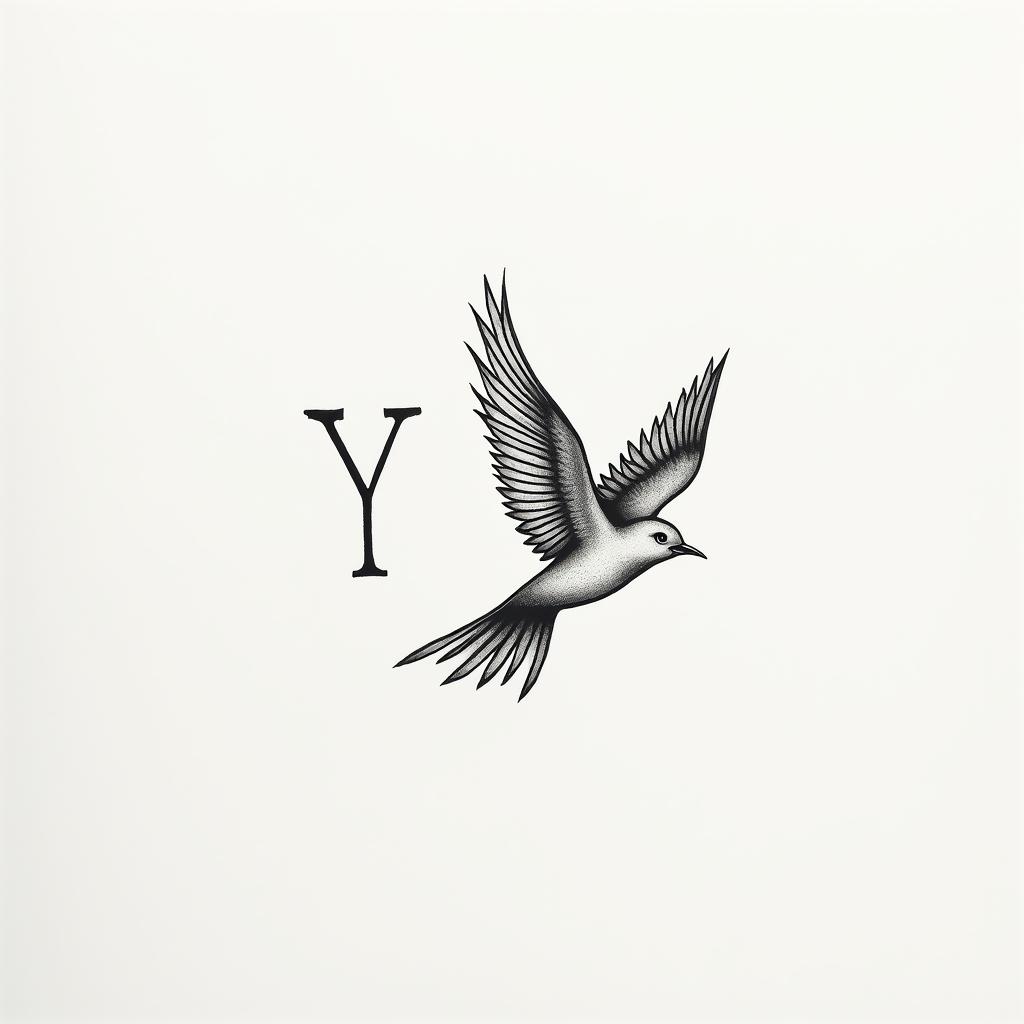 A small tattoo design featuring the initials "Y" and "A" for Yanis, accompanied by a graceful bird in flight, symbolizing love and freedom, with delicate lines and a minimalist style.higly detailed tattoo - Variation 3