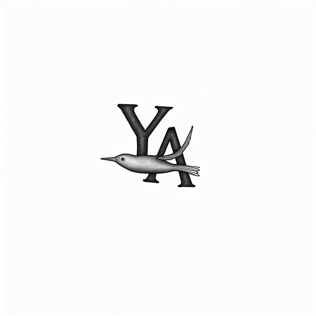 A small tattoo design featuring the initials "Y" and "A" for Yanis, accompanied by a graceful bird in flight, symbolizing love and freedom, with delicate lines and a minimalist style.higly detailed tattoo