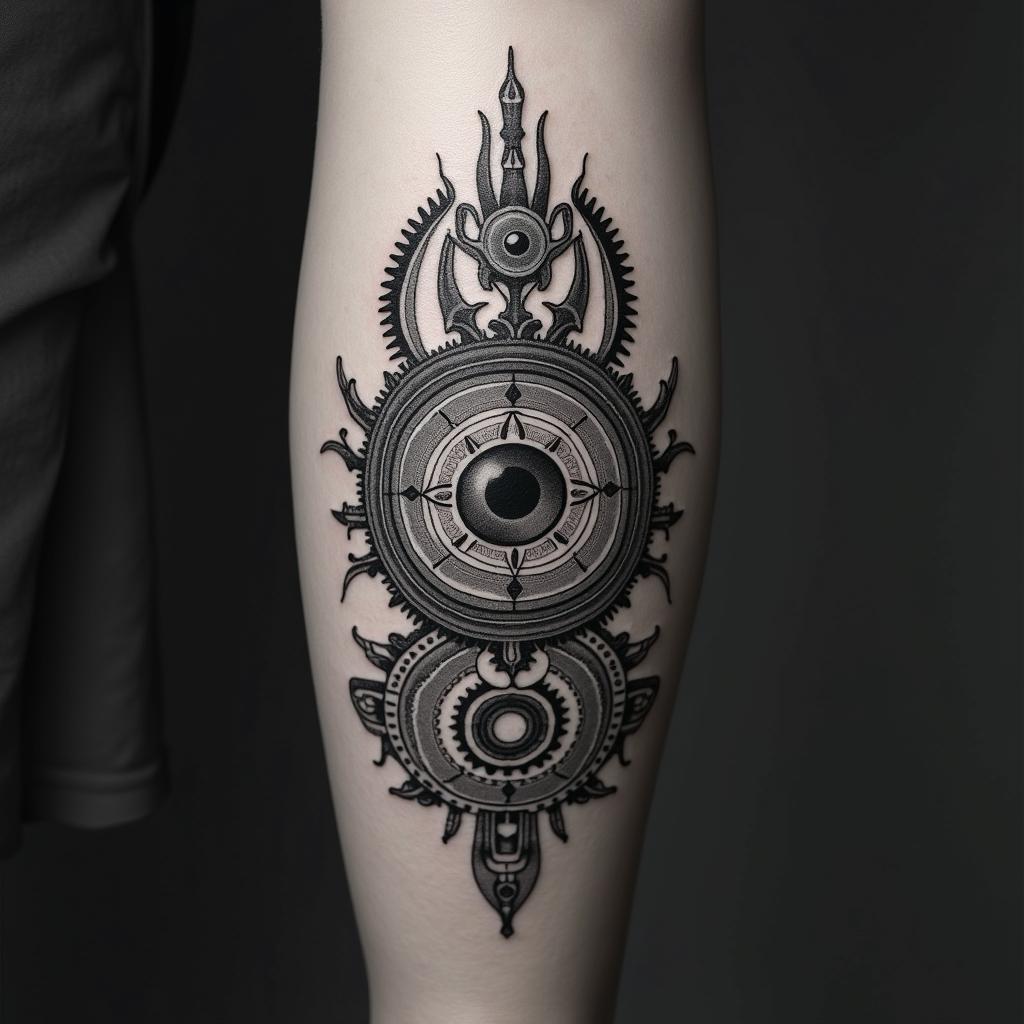 Mechanical gears fused with human anatomyin spiritual symbols tattoo style, featuring an intricate design incorporating elements, Hamsa hand, third eye, minimalist composition - Variation 2