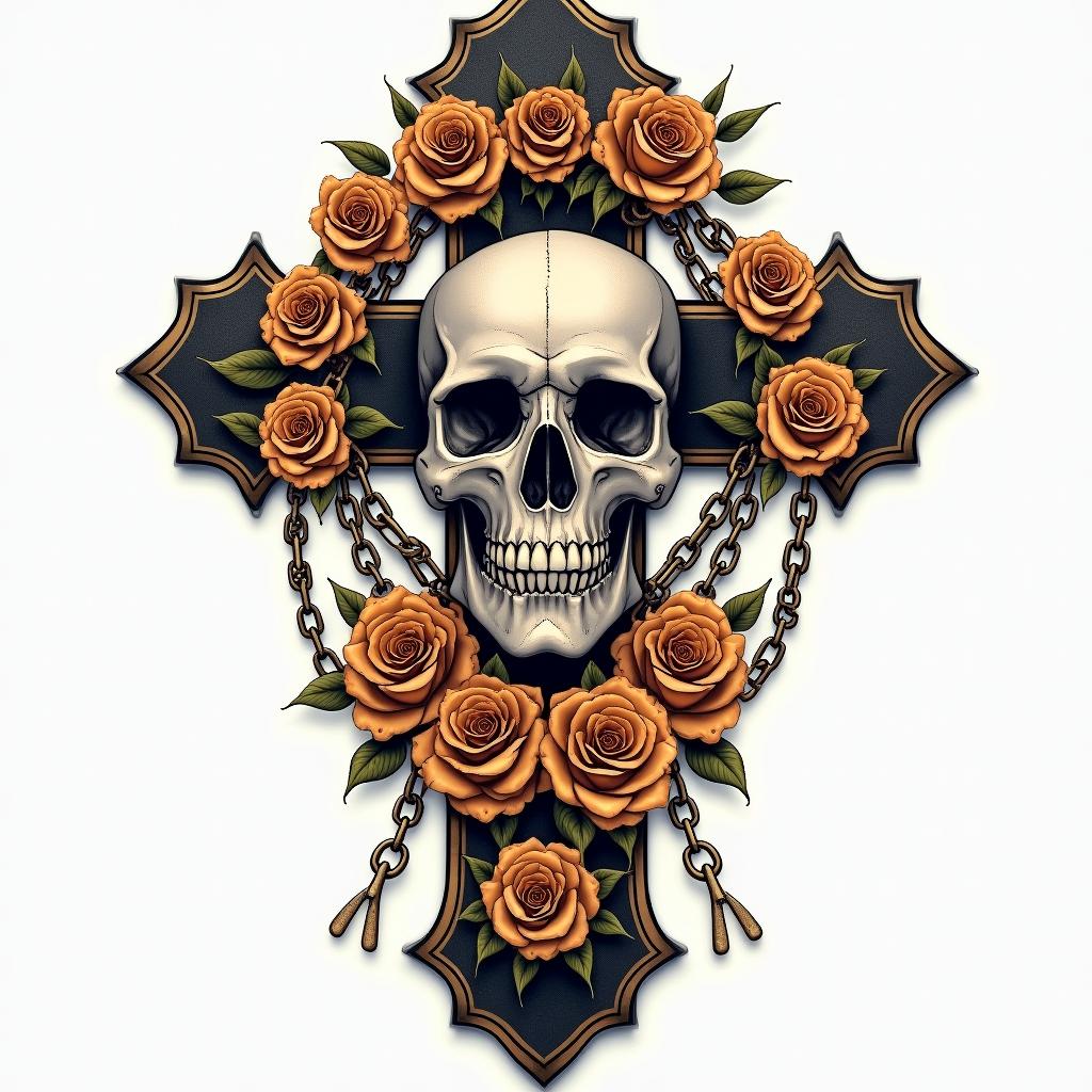 Skull on cross with golden rose wreathsin chicano style tattoo, featuring intricate black and grey shading, bold elements of traditional chicano culture symbols, add a big cross with skull, chains and roses