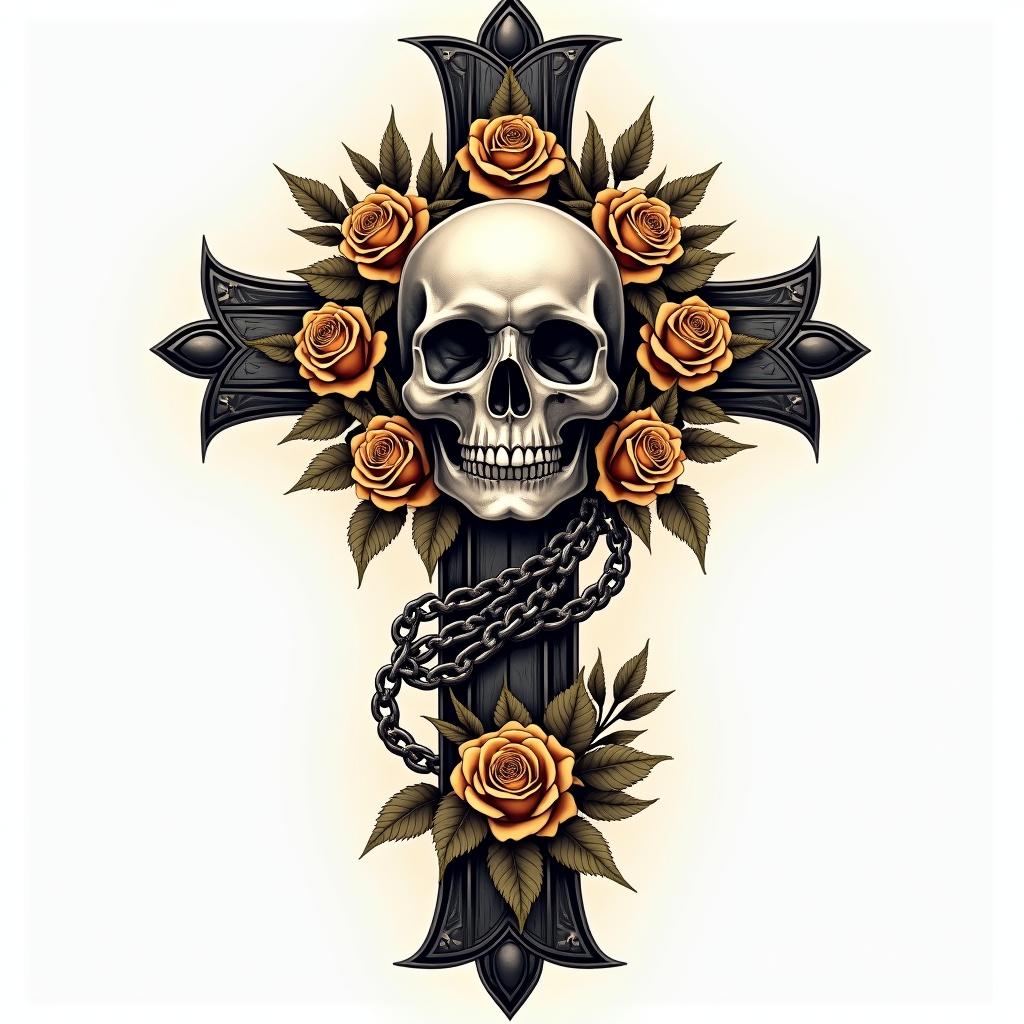 Skull on cross with golden rose wreathsin chicano style tattoo, featuring intricate black and grey shading, bold elements of traditional chicano culture symbols, add a big cross with skull, chains and roses - Variation 3