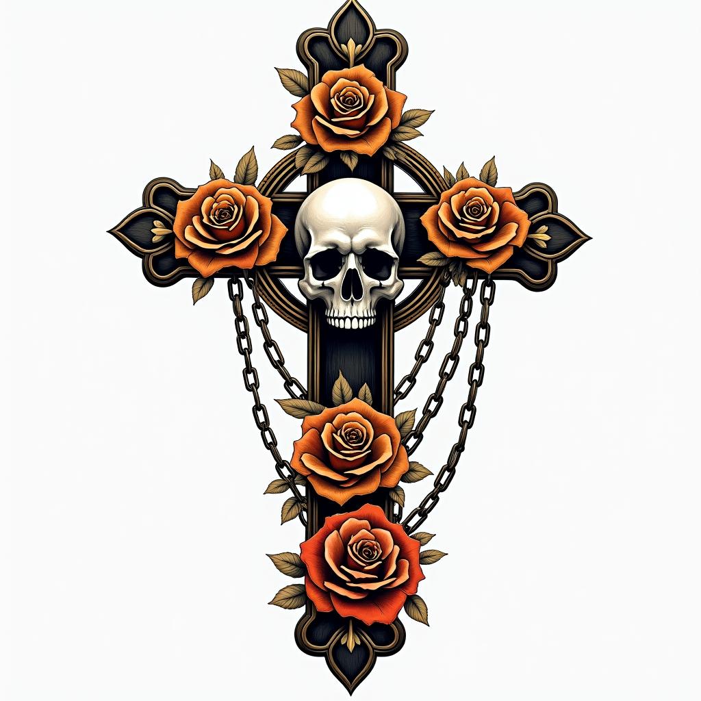 Skull on cross with golden rose wreathsin chicano style tattoo, featuring intricate black and grey shading, bold elements of traditional chicano culture symbols, add a big cross with skull, chains and roses - Variation 4