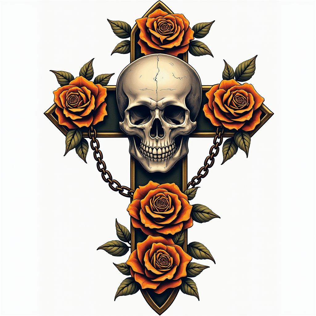 Skull on cross with golden rose wreathsin chicano style tattoo, featuring intricate black and grey shading, bold elements of traditional chicano culture symbols, add a big cross with skull, chains and roses - Variation 2