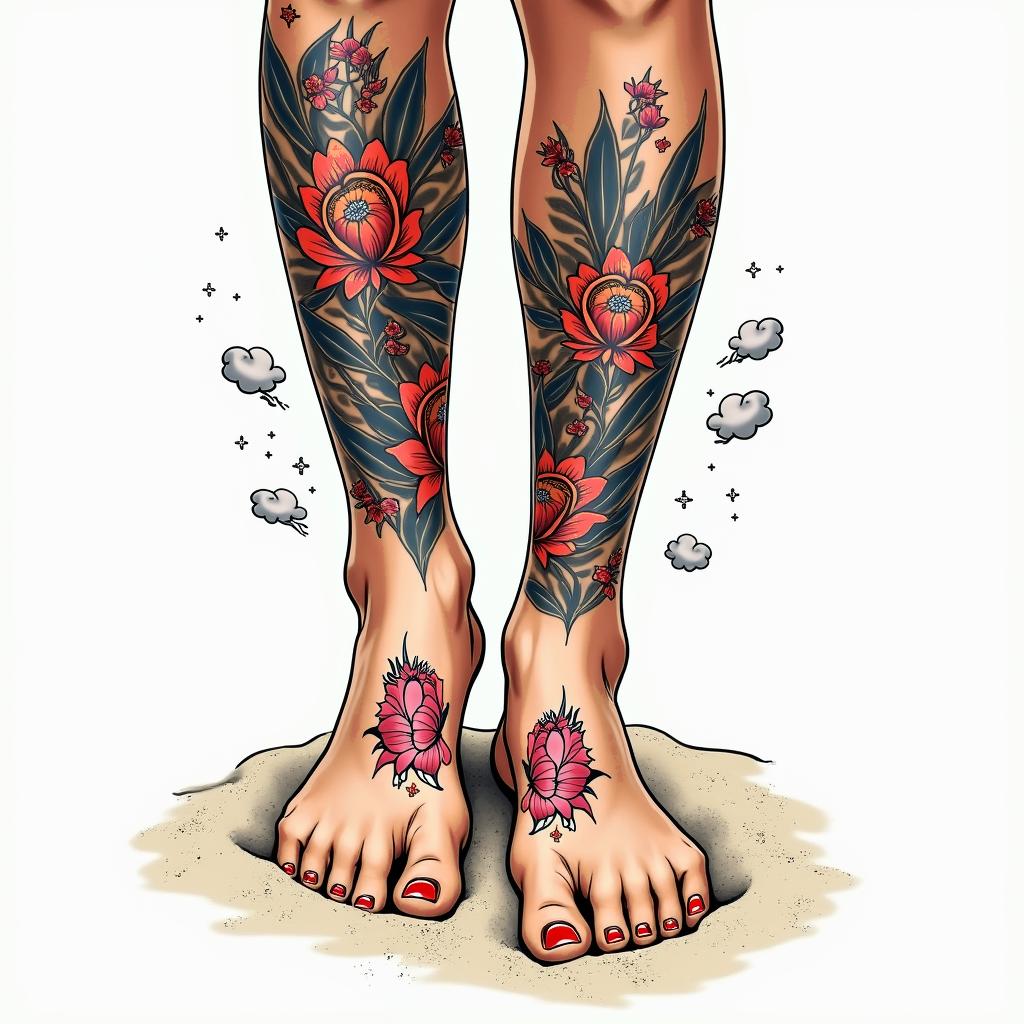 Footprints in the sandin pop art style tattoo, featuring bold and vibrant colors, exaggerated outlines, iconic imagery, inspired by comic books and speech bubbles, comic book characters, retro pop culture