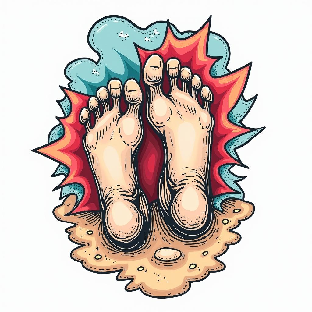 Footprints in the sandin pop art style tattoo, featuring bold and vibrant colors, exaggerated outlines, iconic imagery, inspired by comic books and speech bubbles, comic book characters, retro pop culture - Variation 3