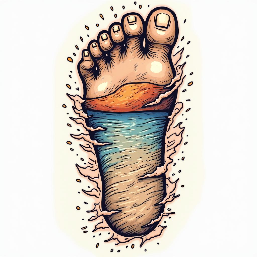 Footprints in the sandin pop art style tattoo, featuring bold and vibrant colors, exaggerated outlines, iconic imagery, inspired by comic books and speech bubbles, comic book characters, retro pop culture - Variation 4
