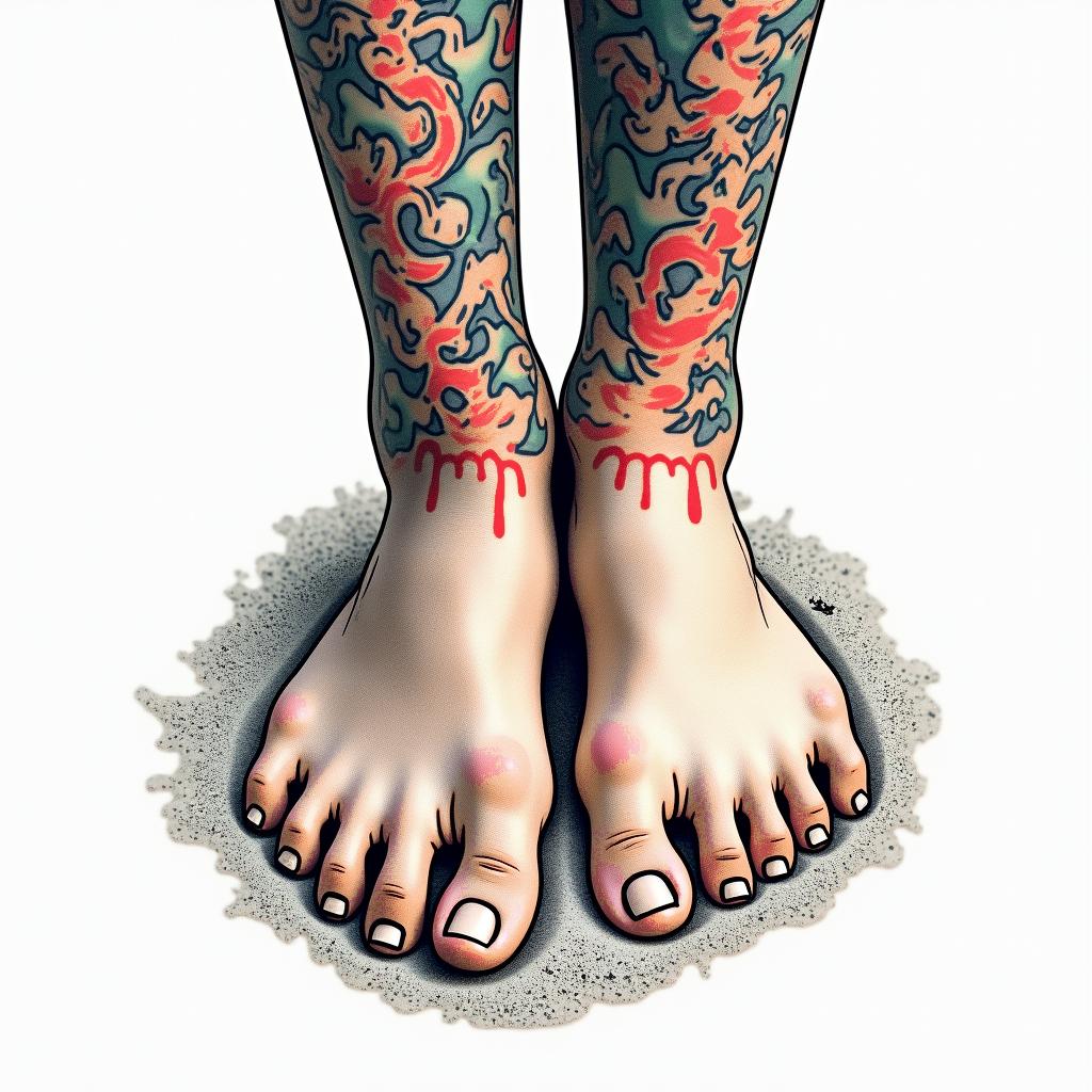 Footprints in the sandin pop art style tattoo, featuring bold and vibrant colors, exaggerated outlines, iconic imagery, inspired by comic books and speech bubbles, comic book characters, retro pop culture - Variation 2