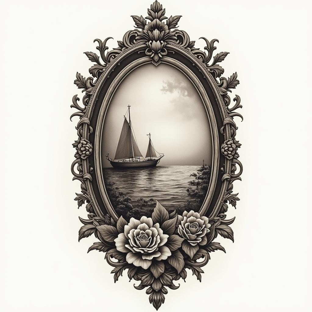 Something with love for the sea but also love for the darkness.in victorian style tattoo, featuring vintage and elegant elements, ornate frames, roses, antique, sepia-toned color scheme
