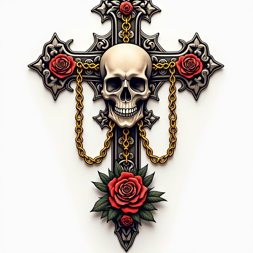 Cross decorated with skull and golden chains on a base of skeletons.in chicano style tattoo, featuring intricate black and grey shading, bold elements of traditional chicano culture symbols, add a big cross with skull, chains and roses - Variation 4
