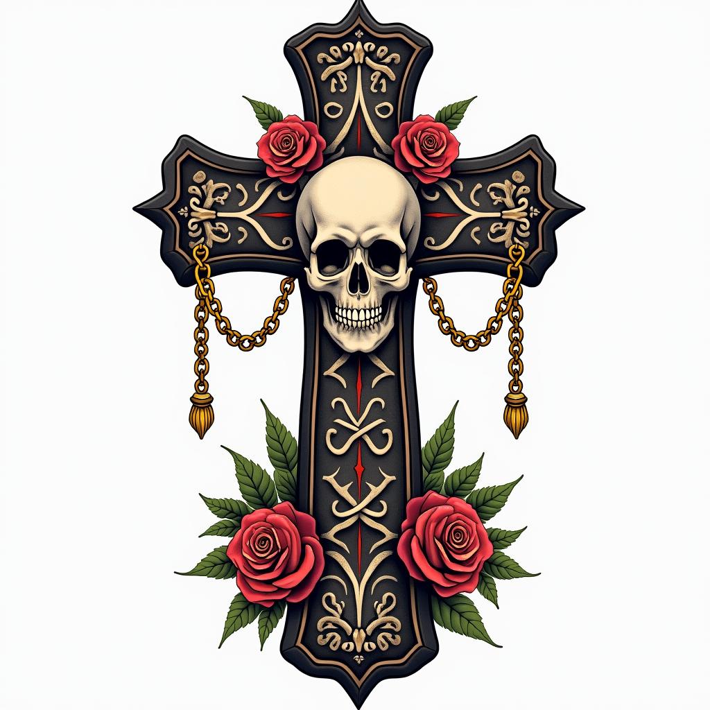 Cross decorated with skull and golden chains on a base of skeletons.in chicano style tattoo, featuring intricate black and grey shading, bold elements of traditional chicano culture symbols, add a big cross with skull, chains and roses - Variation 3