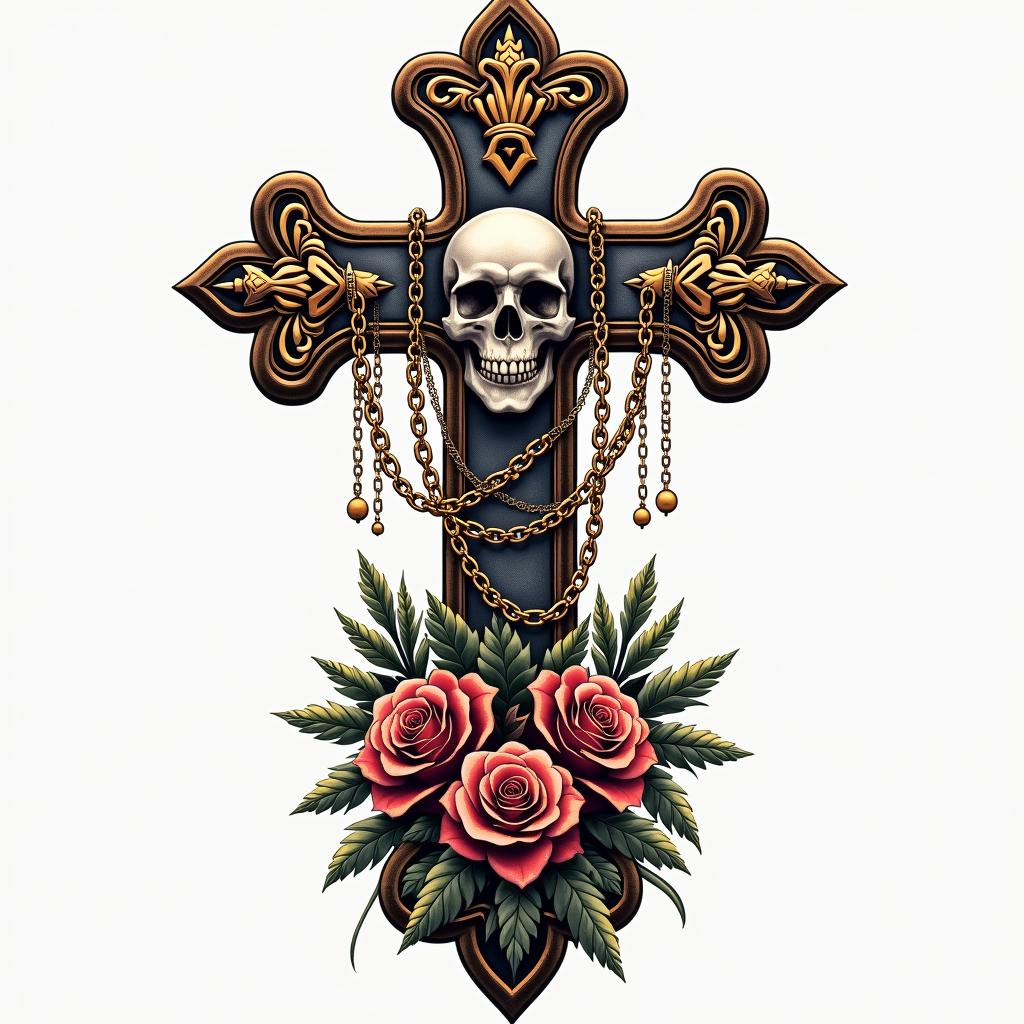 Cross decorated with skull and golden chains on a base of skeletons.in chicano style tattoo, featuring intricate black and grey shading, bold elements of traditional chicano culture symbols, add a big cross with skull, chains and roses - Variation 2