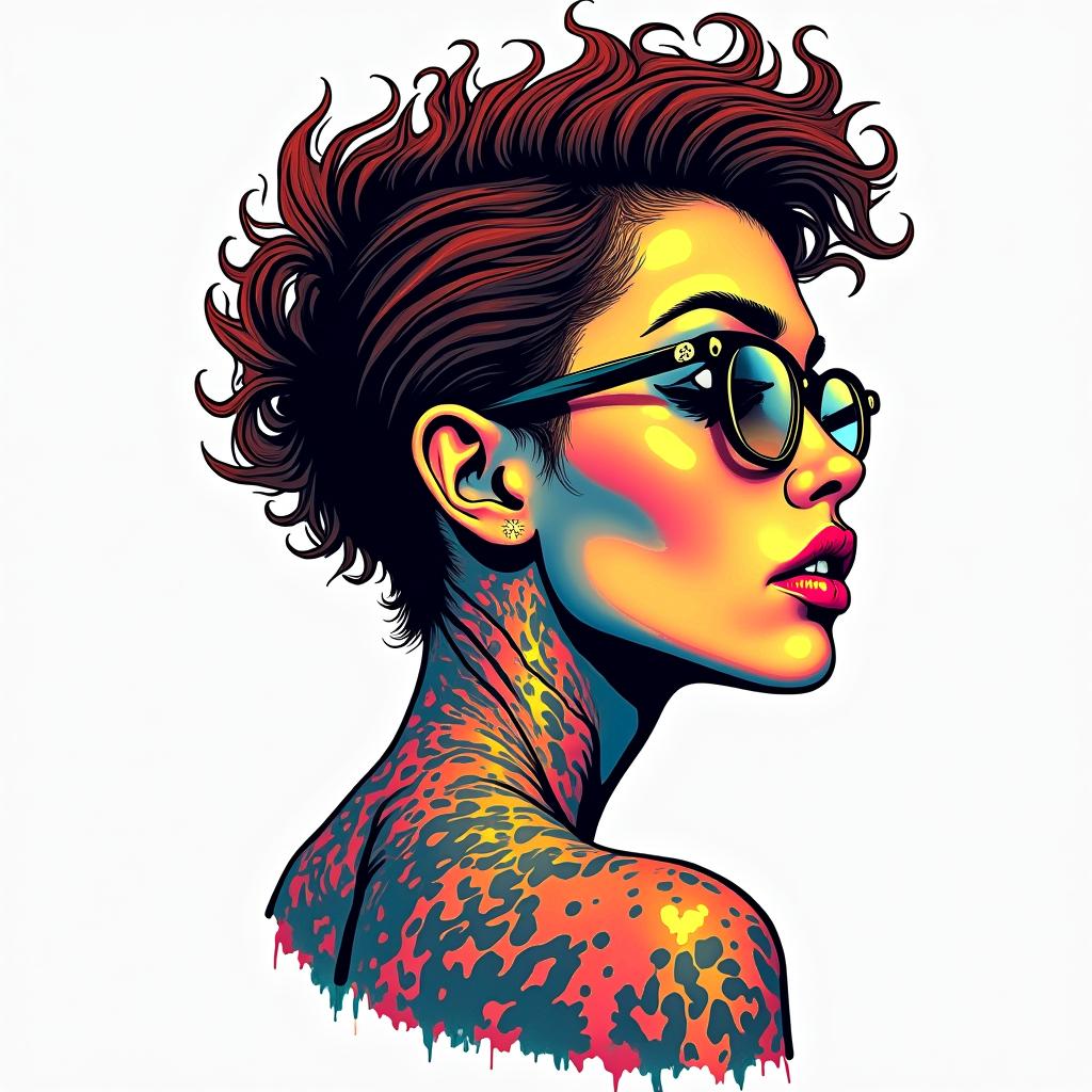 Esmarlyn Tauro Dominicanin pop art style tattoo, featuring bold and vibrant colors, exaggerated outlines, iconic imagery, inspired by comic books and speech bubbles, comic book characters, retro pop culture