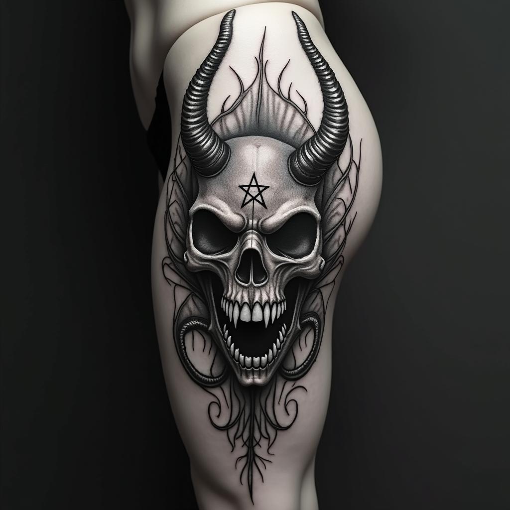 Medusacreepy horror tattoo style, featuring an eerie and unsettling skull of a demonic creature, distorted face with sharp fangs, add pentagram symbol - Variation 12