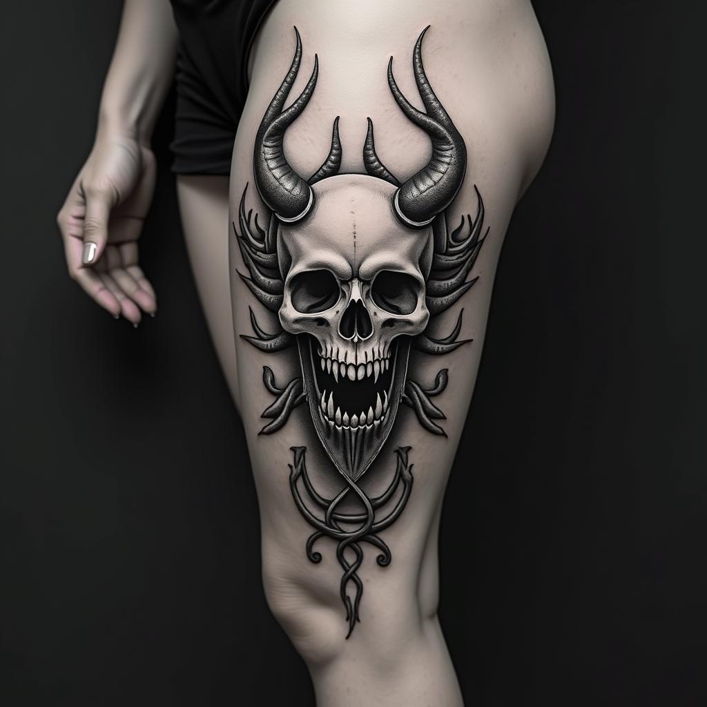 Medusacreepy horror tattoo style, featuring an eerie and unsettling skull of a demonic creature, distorted face with sharp fangs, add pentagram symbol - Variation 10