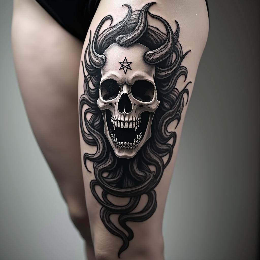 Medusacreepy horror tattoo style, featuring an eerie and unsettling skull of a demonic creature, distorted face with sharp fangs, add pentagram symbol - Variation 11