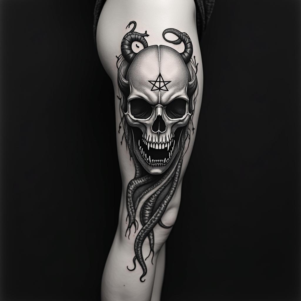 Medusacreepy horror tattoo style, featuring an eerie and unsettling skull of a demonic creature, distorted face with sharp fangs, add pentagram symbol - Variation 9