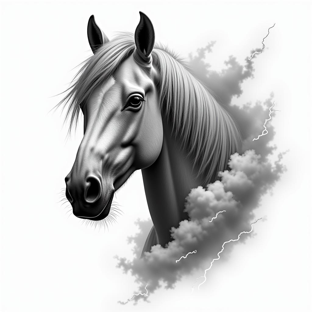 Horse, lightning, cloudin portrait tattoo style, featuring a highly realistic and detailed depiction - Variation 1
