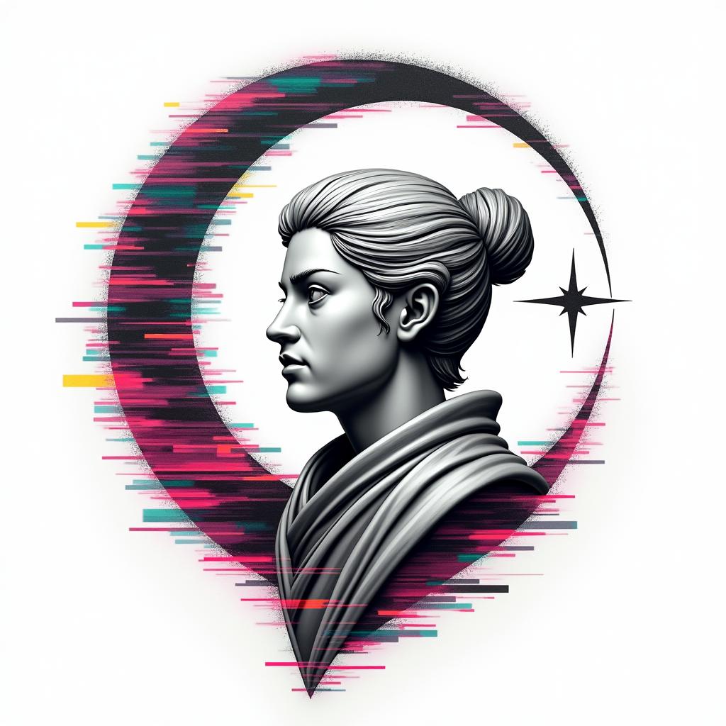 The Naara clan symbol from Naruto is represented as a stylized crescent moon, often depicted with a small dot or a star to represent the clan's connection to shadows. The clan is known for its members' ability to manipulate shadows and use shadow-based techniques in battle.in distorted and fragmented tattoo design, featuring a classical statue bust, in a glitch art style with vibrant, overlapping colors of cyan, magenta, and yellow, creating a digital distortion effect - Variation 4