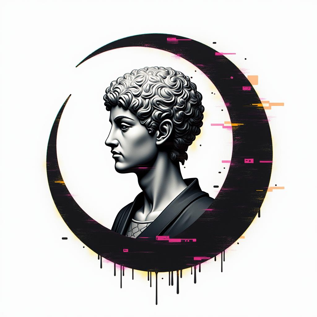 The Naara clan symbol from Naruto is represented as a stylized crescent moon, often depicted with a small dot or a star to represent the clan's connection to shadows. The clan is known for its members' ability to manipulate shadows and use shadow-based techniques in battle.in distorted and fragmented tattoo design, featuring a classical statue bust, in a glitch art style with vibrant, overlapping colors of cyan, magenta, and yellow, creating a digital distortion effect - Variation 3