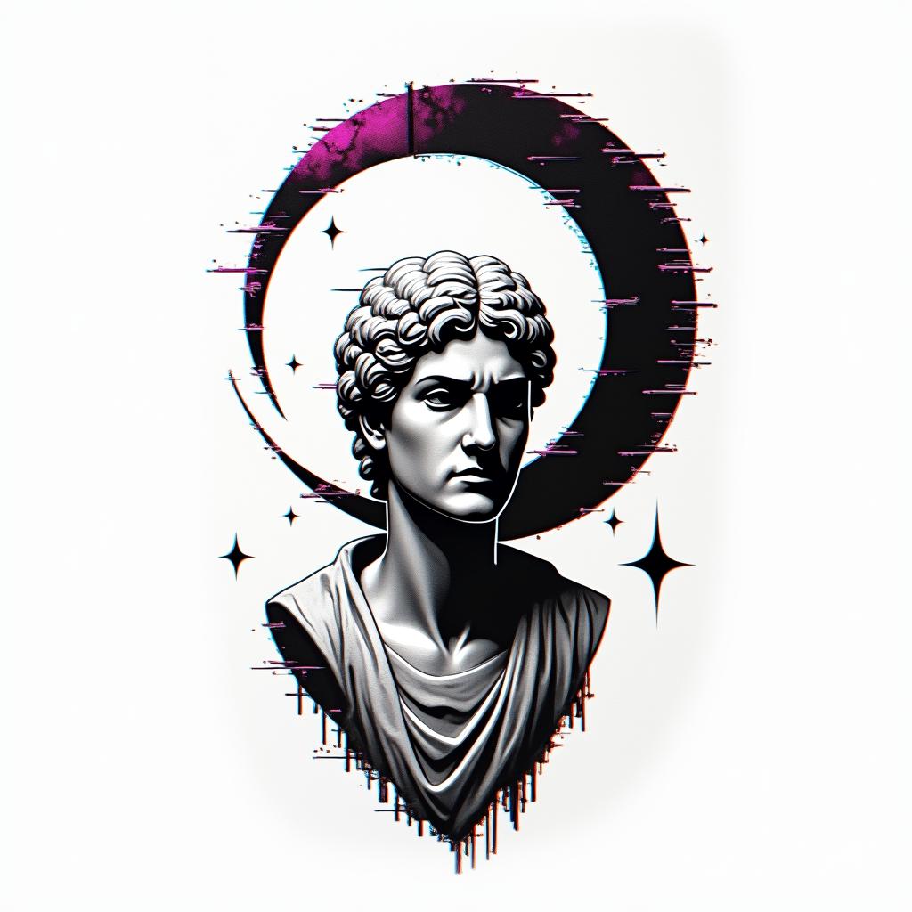 The Naara clan symbol from Naruto is represented as a stylized crescent moon, often depicted with a small dot or a star to represent the clan's connection to shadows. The clan is known for its members' ability to manipulate shadows and use shadow-based techniques in battle.in distorted and fragmented tattoo design, featuring a classical statue bust, in a glitch art style with vibrant, overlapping colors of cyan, magenta, and yellow, creating a digital distortion effect - Variation 2