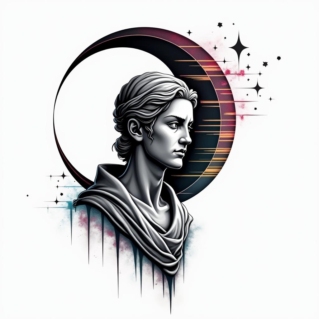 The Naara clan symbol from Naruto is represented as a stylized crescent moon, often depicted with a small dot or a star to represent the clan's connection to shadows. The clan is known for its members' ability to manipulate shadows and use shadow-based techniques in battle.in distorted and fragmented tattoo design, featuring a classical statue bust, in a glitch art style with vibrant, overlapping colors of cyan, magenta, and yellow, creating a digital distortion effect