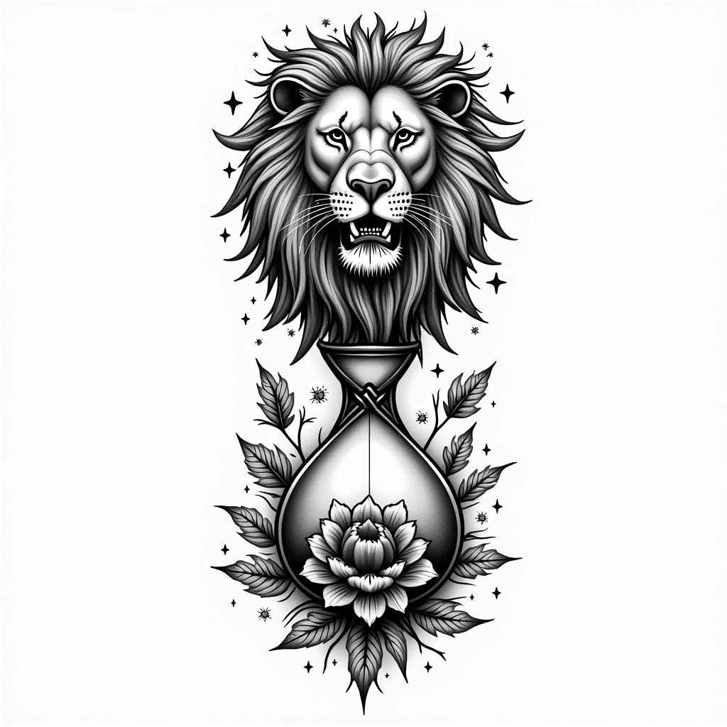 A tattoo design featuring a powerful lion representing personal strength, an hourglass symbolizing the passage of time, and a blooming flower signifying self-love. The quote "everything gets better in time and time is forever" artistically incorporated into the design. Black and white style, combining elements in a harmonious and meaningful layout.higly detailed tattoo - Variation 4