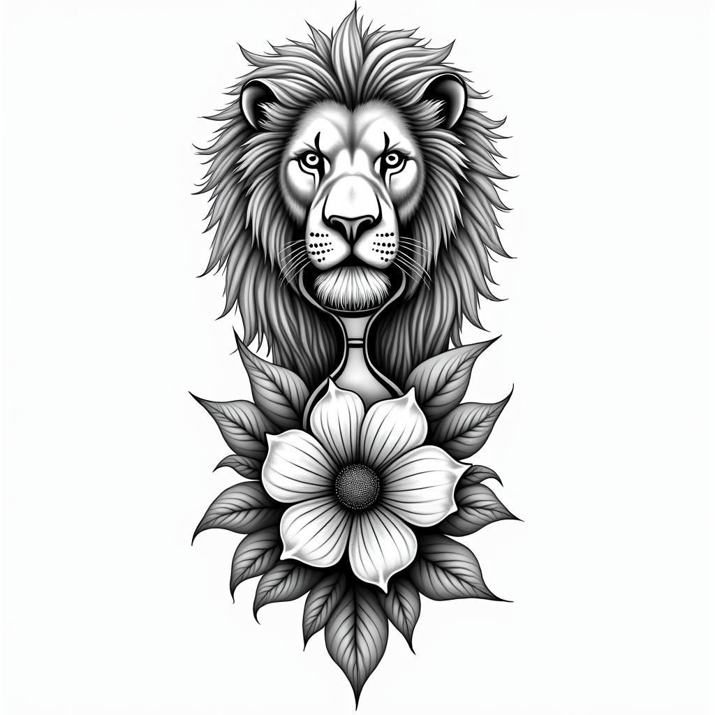 A tattoo design featuring a powerful lion representing personal strength, an hourglass symbolizing the passage of time, and a blooming flower signifying self-love. The quote "everything gets better in time and time is forever" artistically incorporated into the design. Black and white style, combining elements in a harmonious and meaningful layout.higly detailed tattoo - Variation 2