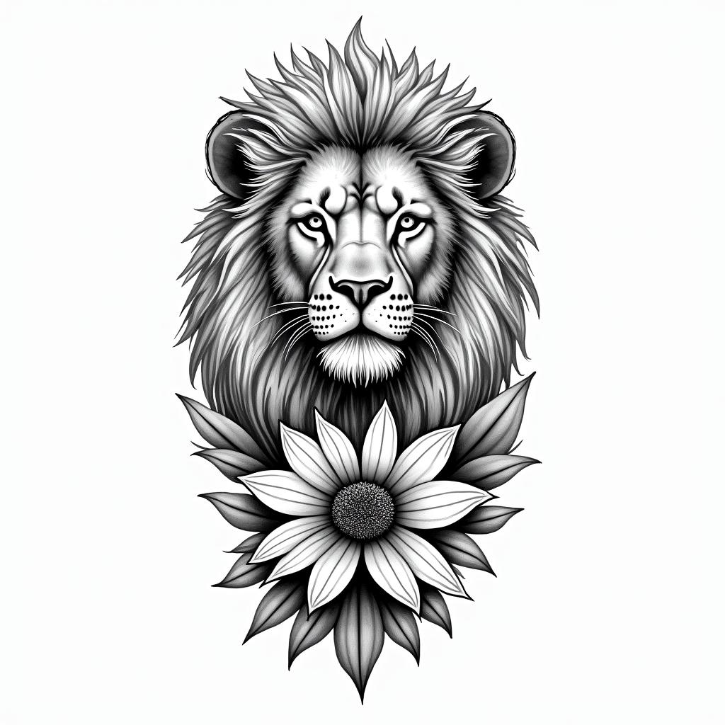 A tattoo design featuring a powerful lion representing personal strength, an hourglass symbolizing the passage of time, and a blooming flower signifying self-love. The quote "everything gets better in time and time is forever" artistically incorporated into the design. Black and white style, combining elements in a harmonious and meaningful layout.higly detailed tattoo