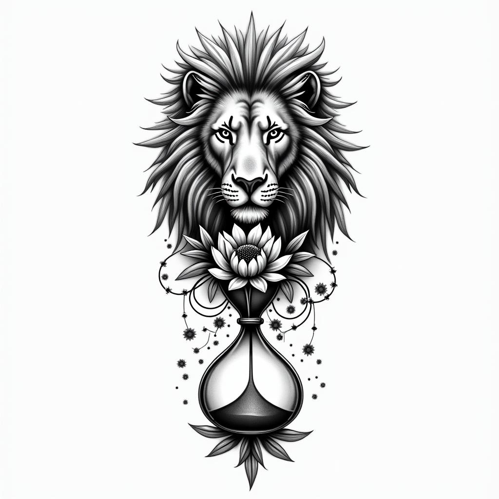 A tattoo design featuring a powerful lion representing personal strength, an hourglass symbolizing the passage of time, and a blooming flower signifying self-love. The quote "everything gets better in time and time is forever" artistically incorporated into the design. Black and white style, combining elements in a harmonious and meaningful layout.higly detailed tattoo - Variation 3